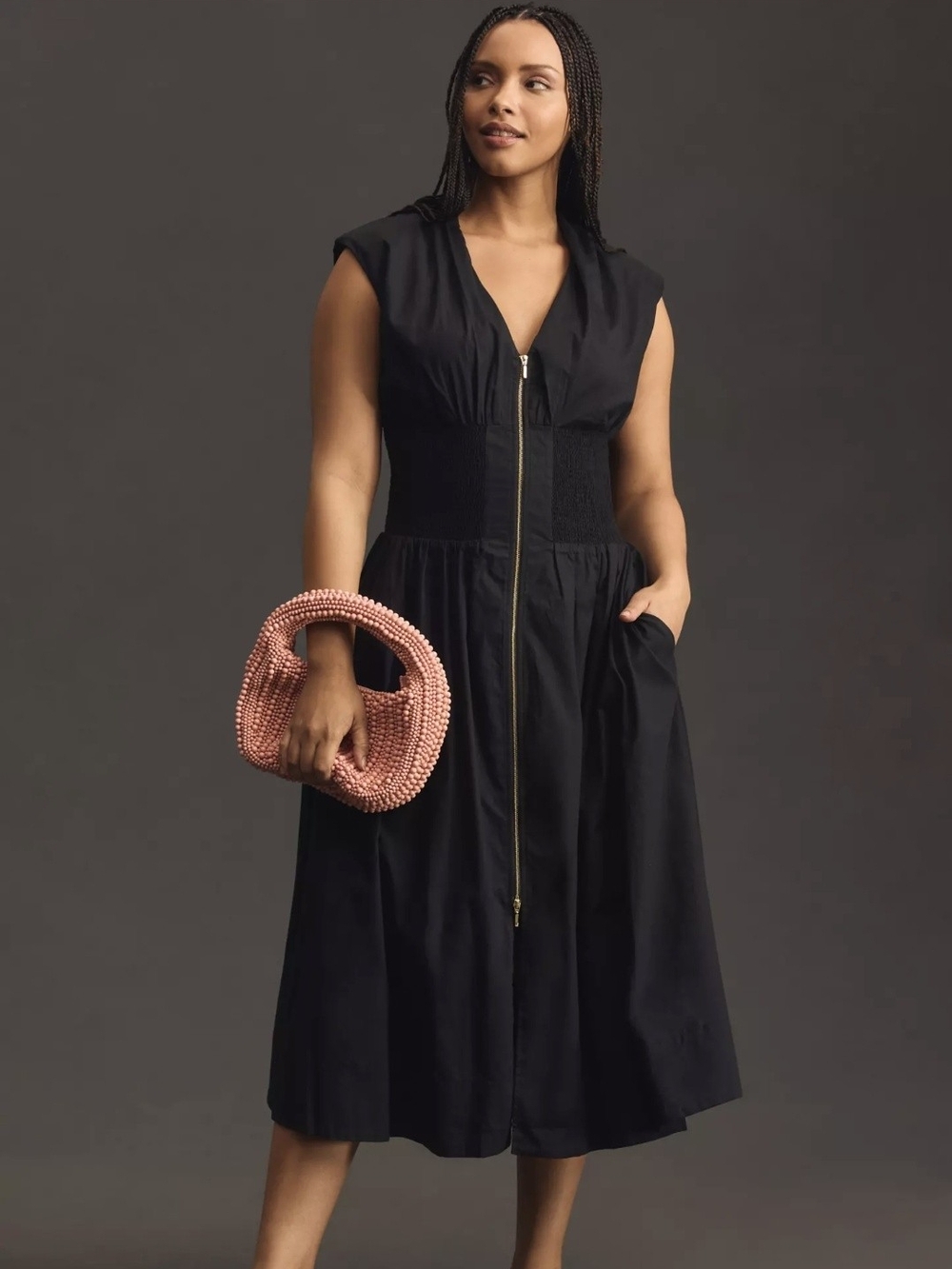 Anthropologie Black Zip-Front Maxi Dress with Smocked Waist